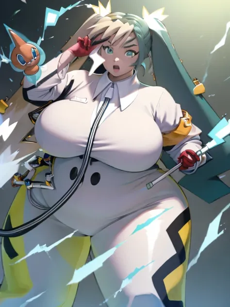 (best quality, anime,), ((ssbbw)), ((bbw)), ((huge breasts)), (hatsune miku), (solo), tight bodysuit, electricity aura, (long twin tale), (fat legs),