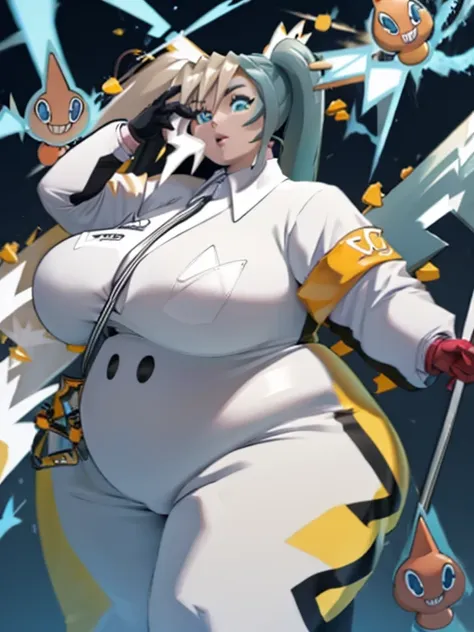 (best quality, anime,), ((ssbbw)), ((bbw)), ((huge breasts)), (hatsune miku), (solo), tight bodysuit, electricity aura, (long twin tale), (fat legs),