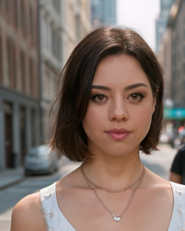 a picture of 4ubrey, brunette, realistic, photorealistic, detailed skin, surface scattering, bokeh, skin pores, city streets,detailed face,wearing a white  dress,wearinga necklace