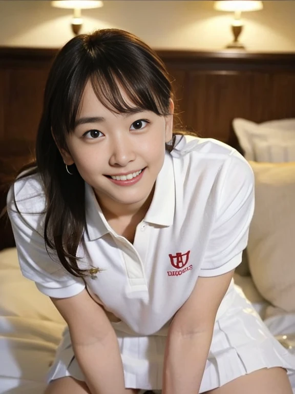 (Masterpiece, Best quality: 1.3), (Ultra realistic, Photo-realistic: 1.2), Natural light, 28 years old actress, Japanese women, Neat and clean, (White tennis uniform, White short-sleeve polo shirt:1.2), (unbutton:1.3), (White tennis skirt:1.2), white sock,...