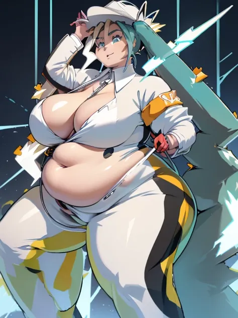 (best quality, anime,), ((ssbbw)), ((bbw)), ((huge breasts)), (hatsune miku), (solo), tight bodysuit, electricity aura, (long tw...