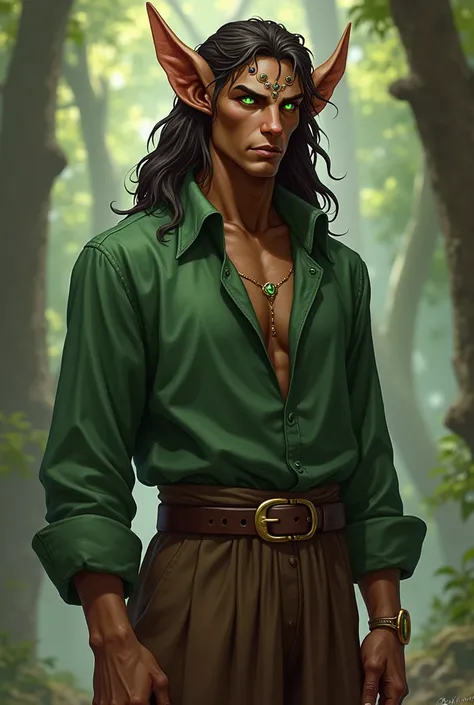 Male alf
brown skin
Glowing green eyes
Dark brown dreadlocks
Small pointed ears with many jewels
smooth skin
A bit pointed face
Slim and
brown wide pants 
A simple green shirt 
6.9 fut tall
 heppy
fantasy dnd lord of the rings