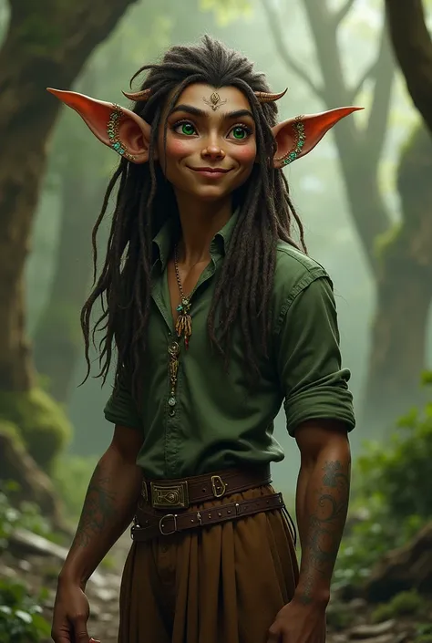 Male alf
brown skin
Glowing green eyes
Dark brown dreadlocks
Small pointed ears with many jewels
smooth skin
A bit pointed face
Slim and
brown wide pants 
A simple green shirt 
6.9 fut tall
 Smailing
fantasy dnd lord of the rings