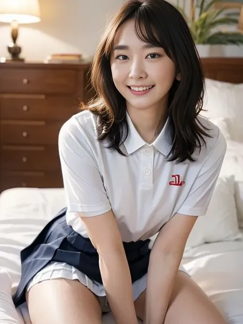 (Masterpiece, Best quality:1.3), (Ultra realistic, Photo-realistic:1.2), Natural light, 28 years old actress, Japanese 2 women, Neat and clean, (White tennis uniform, White short-sleeve polo shirt with darknavy line collar:1.1), (unbutton:1.3), (White plea...