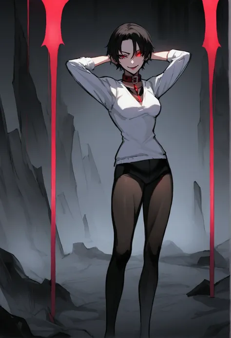 fully body,standing,alone,short hair,work of art,face detailed,young fitness linda,Wearing black pantyhose,tight white sweater with collar ,neckleace,evil smile,red eyes glowing,labiaa,eye shadow,bangs on the eyes,Hands behind the head city
