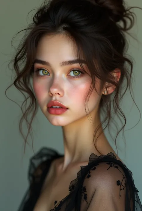 a young woman wavy hair, messy bun hairstyle curly hair blue eyes with fair, flawless skin and large, expressive green eyes, Her lips are full and naturally pink, slightly parted as she gazes at viewer,Her hair tied in messy bun style, dark brown, curly, v...
