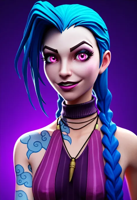 score_9, score_8_up, score_7_up, score_6_up, BREAK 1girl, solo, jinx (league of legends), portrait, looking at viewer, purple background, sidelighting, backlighting, turtleneck sweater, 3d, realistic, sleeveless, necklace, makeup, glowing,