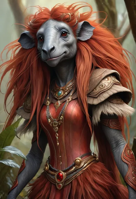 Brian Froud Inspired Beautiful Humanoid Creature. Cross Between A Wholly Mammoth And A Kangaroo. Copper Red Fur. Female. Friendly And Inviting Looking. Exudes Good And Kindness. Wearing A 1920 Dress. Official Art, Award Winning Digital Painting, Digital Il...