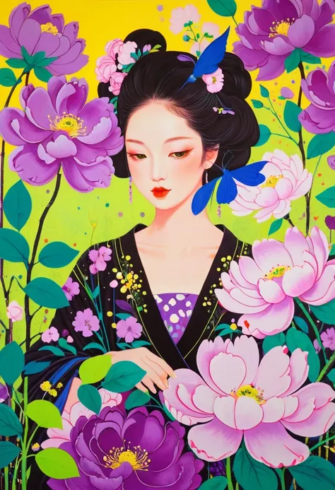 A painting：(((Colorful black，Chalk painting，Oil stick painting，Volume，Thick coating，Uneven texture，Plaster texture，Graffiti)))。Colorful black，Peony， Bright colors, Purple和, cute的, Bright colors，cute, Lavender Color and Color Schemes, 和Purple的配色方案,  Beautif...