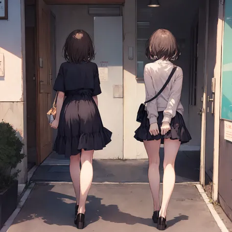 animese anime woman in skirt and blouse, walking up the stairs, 1woman, stairs, skirt, brown hair,long hair,solo, grey skirt,school uniform, pleated skirt,(((covering ass))), blush, long sleeves, bangs,(( from behind)),full body,White panties,bag,clothes t...