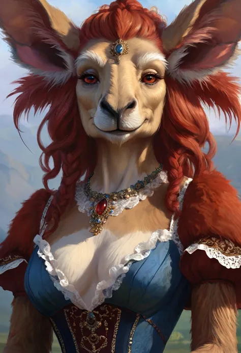 Brian Froud Inspired Beautiful Humanoid Creature. Cross Between A Wholly Mammoth And A Kangaroo. Copper Red Fur. Female. Friendly And Inviting Looking. Exudes Good And Kindness. Wearing A 1920 Dress. Official Art, Award Winning Digital Painting, Digital Il...