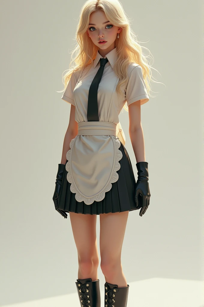 Beautifull 18 year old blonde schoolgirl, in her uniform with shirt tie and skirt, with an apron on and latex long gloves and leather long heel boots.  Entire body