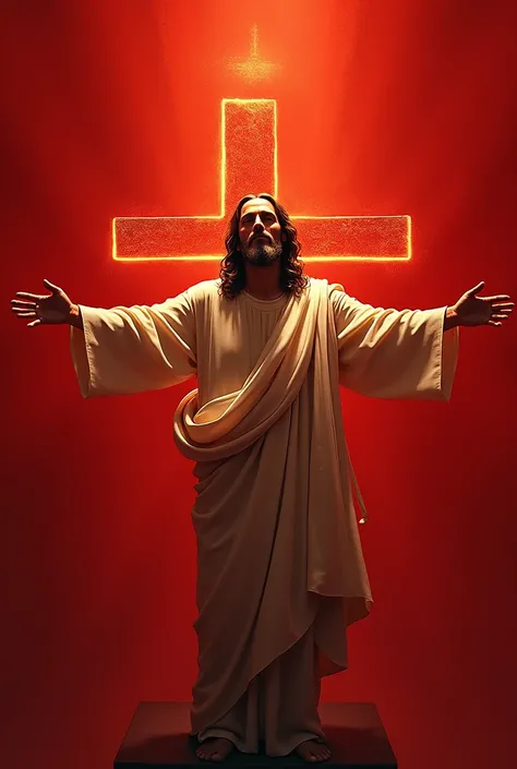 an art written “You are” in Portuguese with a red background, with Jesus with open arms drawn behind and a cross 
