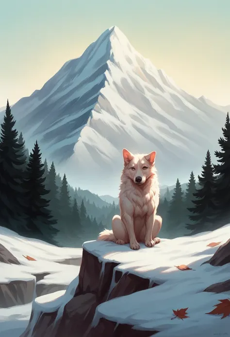 "A hyperrealistic Scandinavian landscape with abundant conifer trees. The scene is bathed in soft, cool light, typical of northern Europe. In the foreground, a white dog with long, fluffy fur is sitting, looking directly at the camera with a calm expressio...