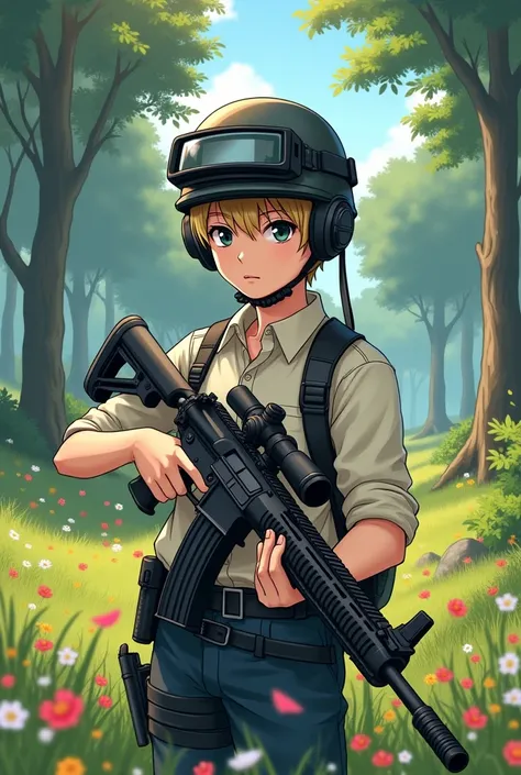 Create anime boy pic wearing a full face pubg helmet, holding m416 assault rifle and a sniper, the scene is from beautiful forest with grass and flowers