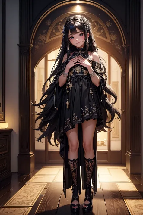 ((masterpiece, best quality, ultra-detailed, high resolution, extremely detailed CG, super detailed, Most beautiful clean lighting)), 1girl, small build, 10 years old, cute girl, pretty face, smile, white skin, Beautiful black long hair, black eyes, kawaii...