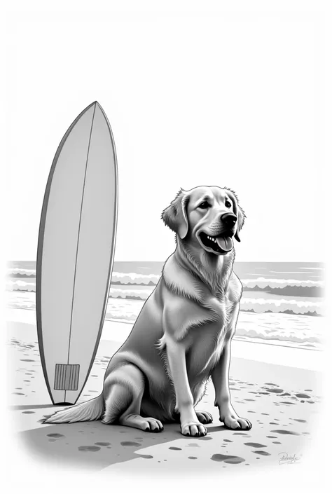 Very furry Golden Retriever on the beach sand with a surfboard next to it in black and white vector