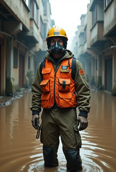 Civil defense man,  helmet and oxygen mask with orange vest in a city with waist-deep mud.  Image size: 3:4 square