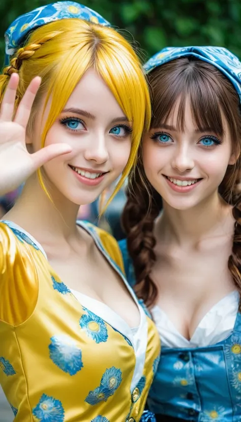 2 german teen-girls cosplaying manga girls, manga like eyes, van gogh style picture, shiny clothing, seductive smile, hands up waving