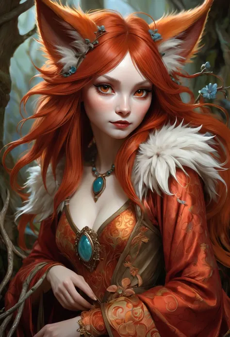 Brian Froud Inspired Beautiful Humanoid Creature. Croos between a Kitsune and a satyr. Copper Red Fur. Female. Friendly And Inviting Looking. Exudes Good And Kindness. Wearing A 1920 Dress. Official Art, Award Winning Digital Painting, Digital Illustration...