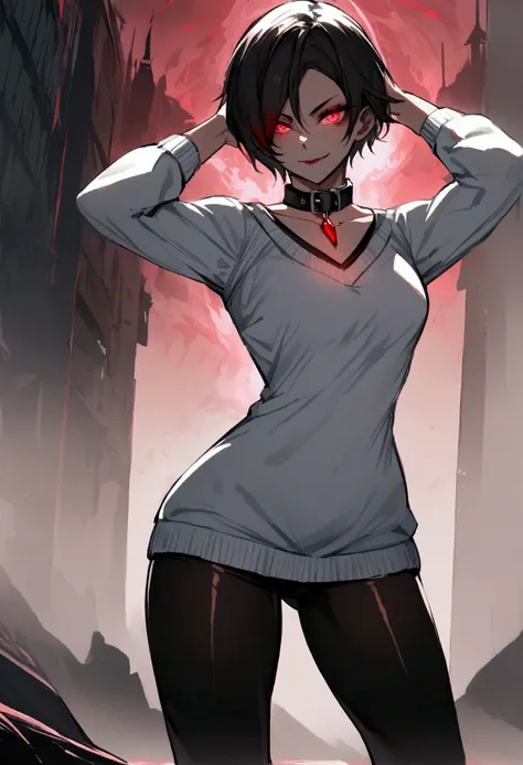 standing,alone,short hair,work of art,face detailed,young fitness linda,Wearing black pantyhose,tight white sweater with collar ,neckleace,evil smile,red eyes glowing,labiaa,eye shadow,bangs on the eyes,Hands behind the head city
