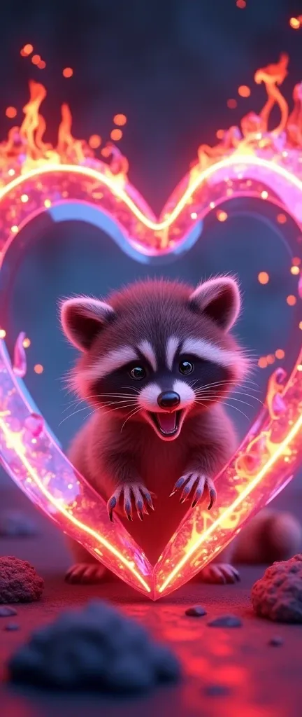 A captivating 3D render of a cute, fluffy baby raccoon growling with adorable, shiny eyes. The raccoon is surrounded by a colorful neon display of a crystal heart, emitting powerful light from within. The inside of the crystal heart is filled with detailed...