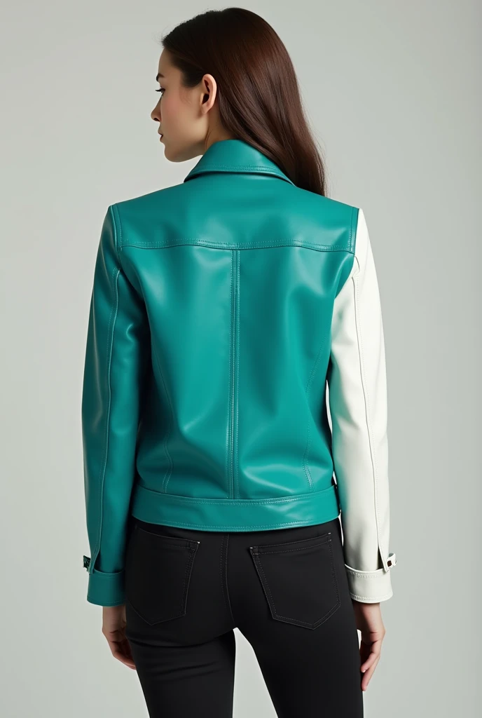 Create teal jacket with collar and white sleeves 