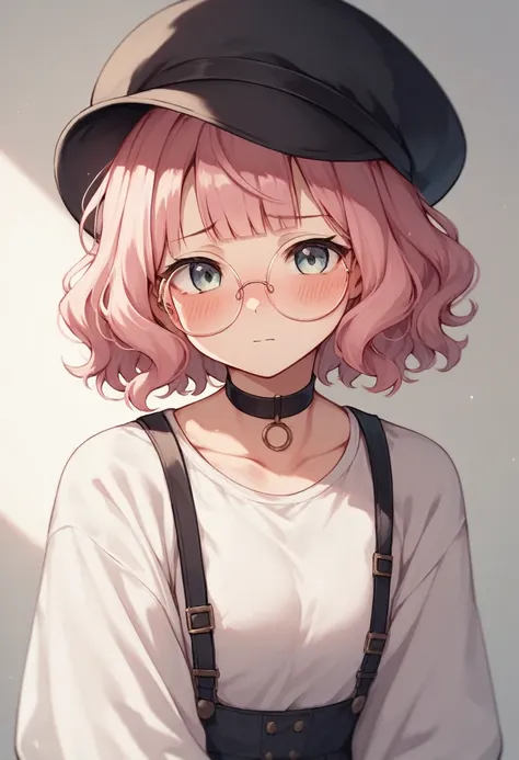 (alone:1.2),cute,(Pink Short Hair),(casual wavy hair:1.3), Blunt bangs,blush,Tilt your head,:3,Black Hat,Round Glasses　Shadow of big round glasses,choker,Best image quality　blush　avert your eyes　Embarrassing　I&#39;Embarrassing　On the bed, Open your mouth, ...