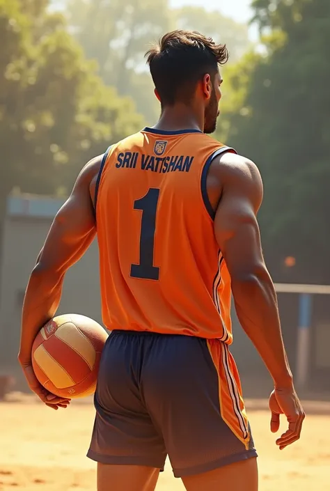 A male volleyball player standing with volleyball (turning back) with Jersey number as 1 and name is SRI VATSHAN in sun light