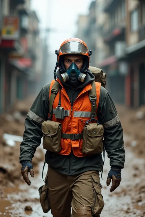 Civil defense man,  helmet and oxygen mask with orange vest in a city with waist-deep mud.  Formato da imagem: paisaje