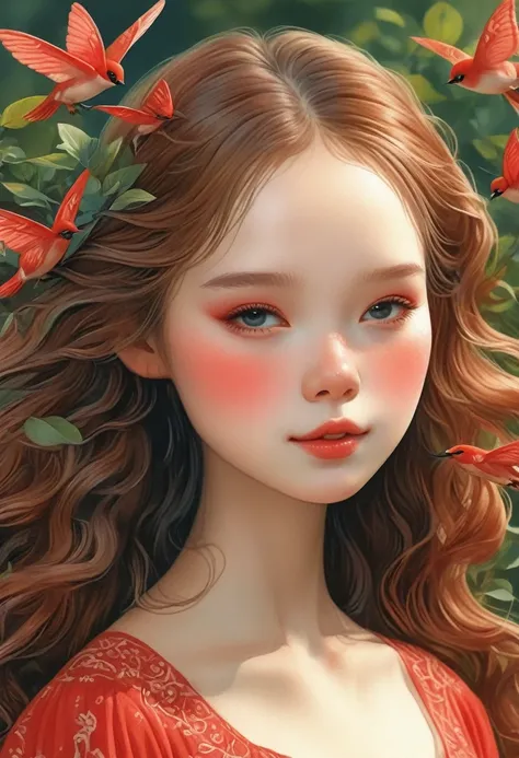 Close-up of a woman with long hair and a red dress, realistic cute girl illustration, lovely digital art, Beautiful digital illustration, Digital art with cute details, cute portrait, chinese girl, beautiful animated portraits, lovely digital painting, bea...