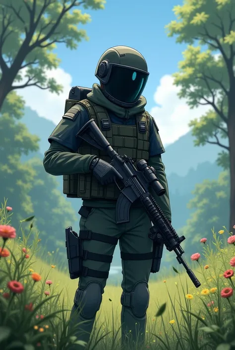 Create anime boy of age 20 pic wearing a full face pubg helmet and face is covered with the helmet, holding m416 assault rifle, the scene is from beautiful forest with grass and flowers, the scene is aesthetic that every people will love to see