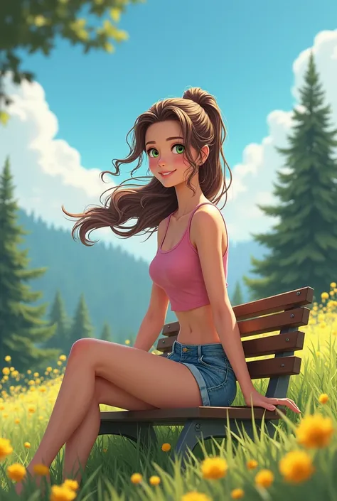 Hd, hight resolution, detaile, 4k, masterpiece, beautiful brown hair woman sitting on a park bench, ponytail, green eyes, pink tank top, denim shorts, big , on a beautiful hill, lots of yellow flowers and pine trees, in sunny summer, blue sky, she is very ...