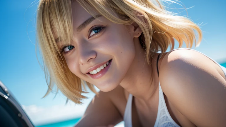 Girl、Bat in right hand　Short Hair　Blonde　Tank top　smile　Real　Cinema Lighting　Highest quality　8k　Ocean　summer　Beautifully detailed face and eyes　