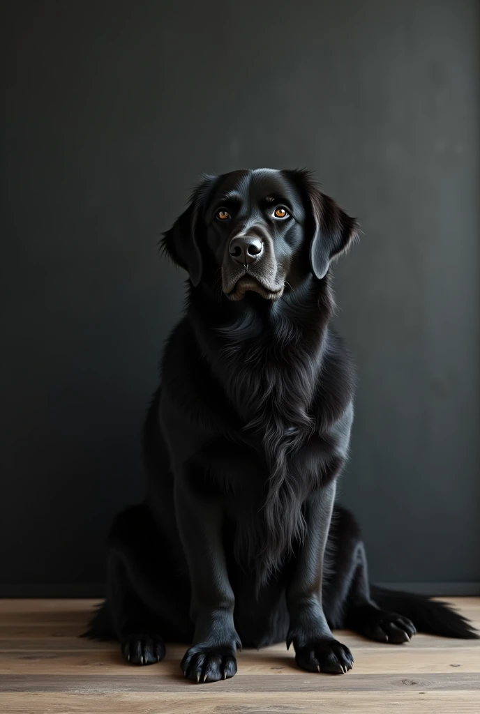 A furry black golden retriever, sitting next to a black board