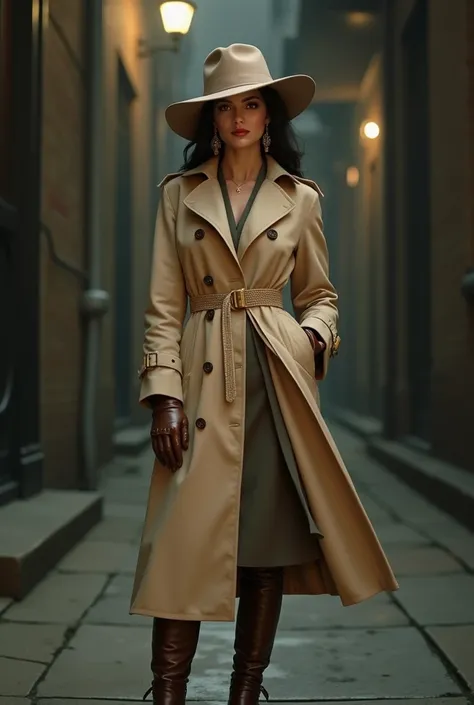 Woman from the 70s in beige Trenchcoat, Boots, gloves, hat, and ear rings