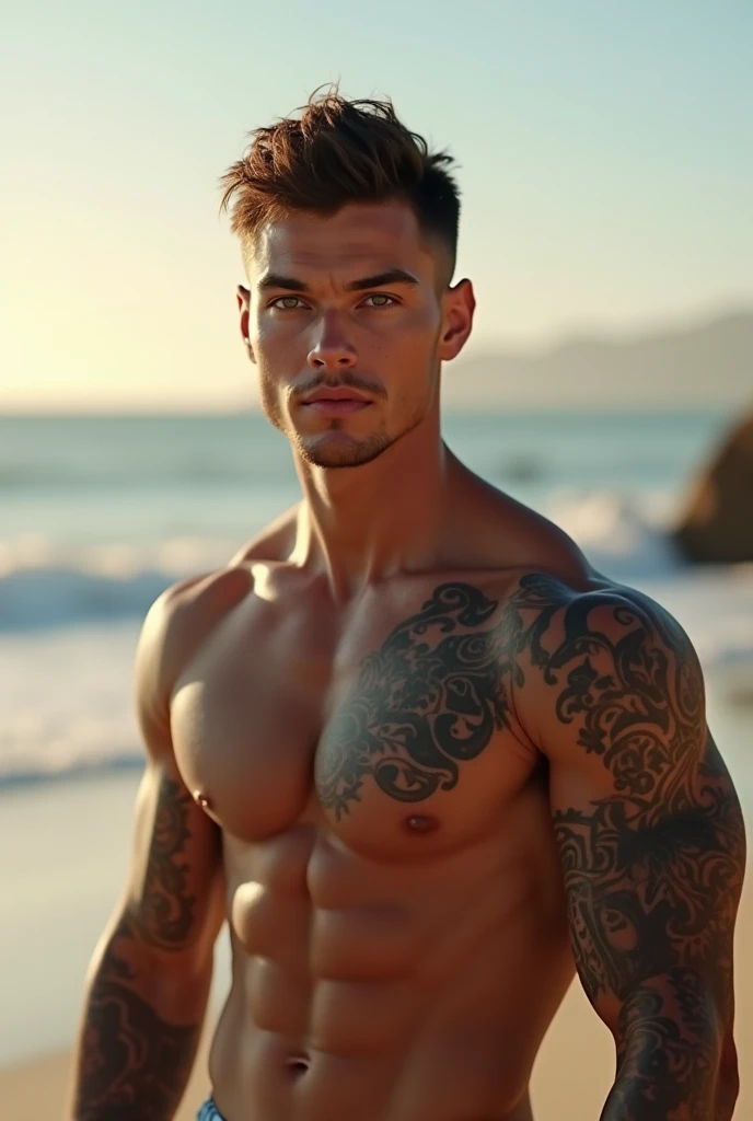 Young muscular tattooed man tanned skin with brown and blue eyes realistic AI high quality with beach background 