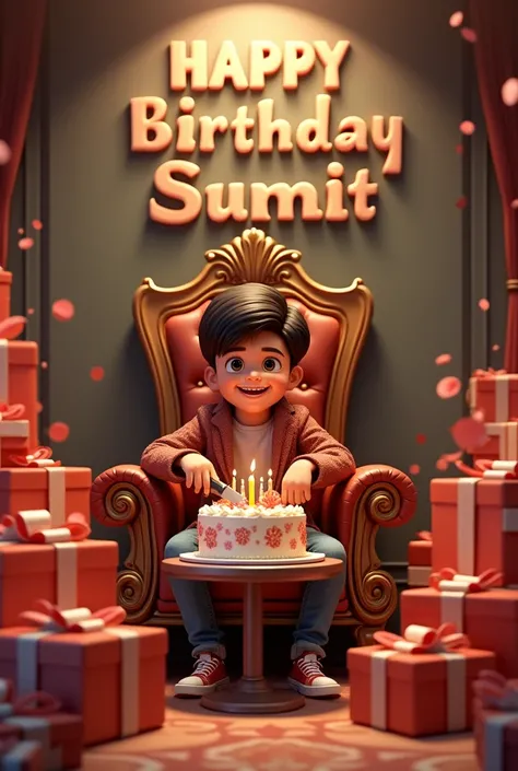 create realistic illusion image of A 16 year old boy is sitting on a king chair and he is cutting the birthday cake, there are many gifts kept next to it and Happy Birthday Sumit , 3d text is written on the back wall