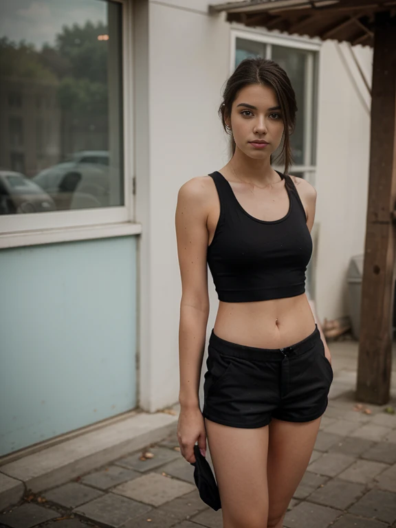 Young woman, wearing black tank top, short pants, standing, posing, photography, reality 