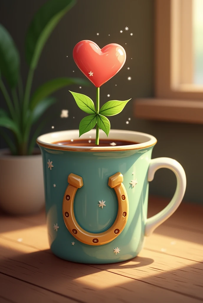 Coffee mug with a heart above a clover and a horseshoe
