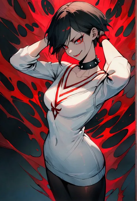 standing,alone,short hair,work of art,face detailed,young fitness linda,Wearing black pantyhose,tight white sweater with collar ,neckleace,evil smile,red eyes glowing,labiaa,eye shadow,bangs on the eyes,Hands behind the head ,citys
