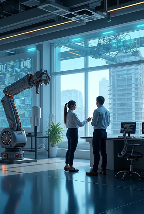 Futuristic photo of civil engineering design office where AI and robot execute working and human as engineer are giving instructions to planning scheduling and executing as per the design.