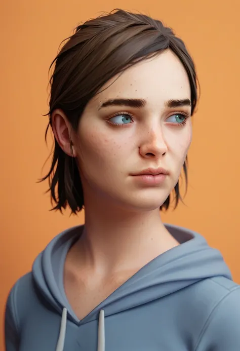 score_9, score_8_up, score_7_up, BREAK  1girl, solo, ellie (the last of us), portrait, looking to the side, orange background, hoodie,