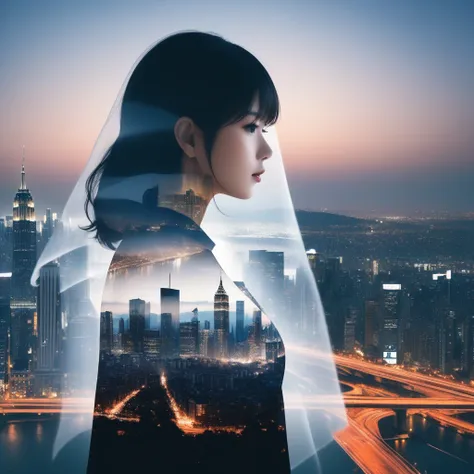 Double Exposure Style,a city skyline on the woman face,double image ghost effect,image combination,double exposure style,1girl,, (masterpiece,best quality,ultra-detailed,very aesthetic, absurdres)