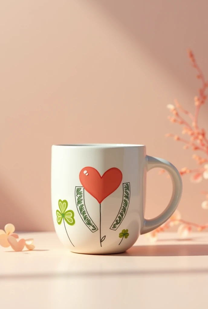 Coffee mug with a heart above a clover and a horseshoe
