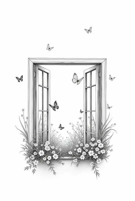 Create a very minimalist and delicate black and white illustration for a tattoo with fine lines of an open vintage window, with a flower garden with butterflies outside.