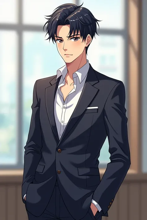 25 year old male teacher, elegant dress, anime style 