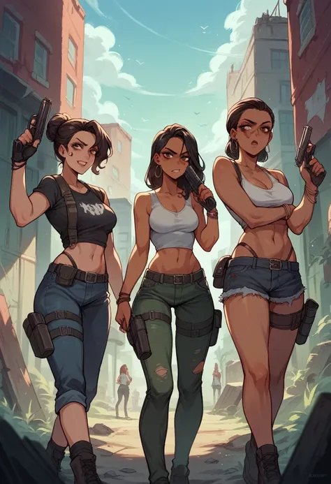 an apocalyptic zombie city. three latina girls with guns 