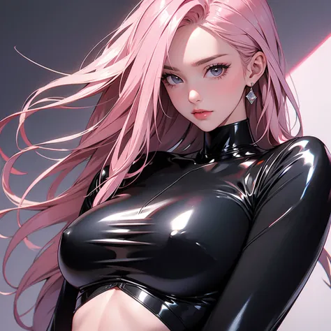 A beautiful woman. black latex suit, Upper body cut, Half shot, pink hair, huge boobs, Look at the camera.close up