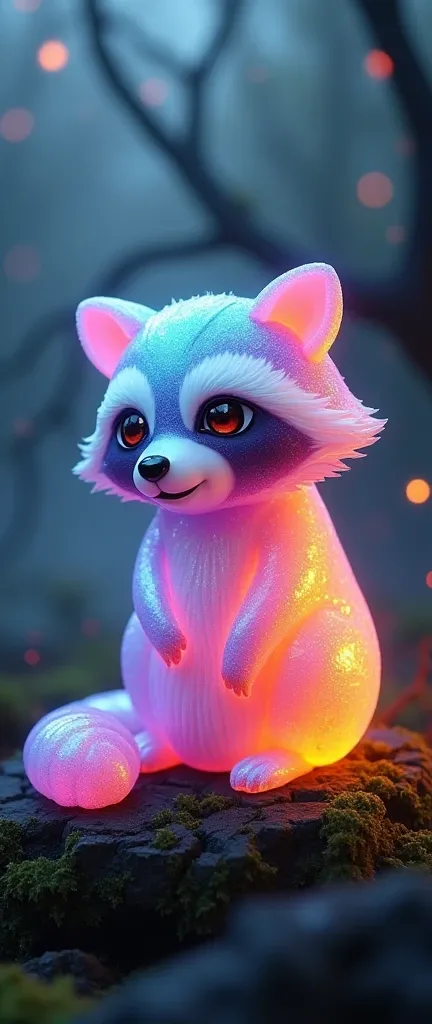 A captivating and whimsical 3D render of a haunted-inspired gelatin dessert, skillfully crafted into the shape of an extra fluffy and adorable baby raccoon. The dessert is translucent, radiating a mesmerizing color scheme with vibrant, holographic rainbow ...